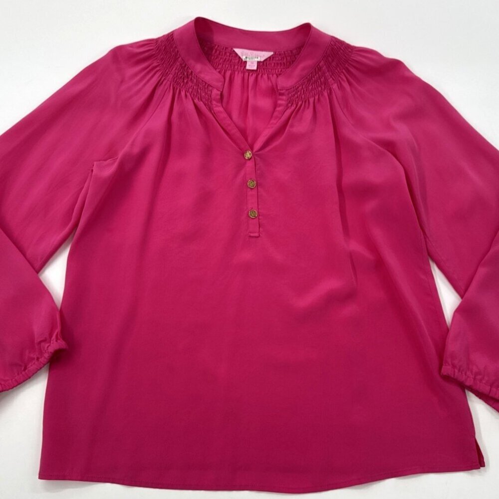 Lilly Pulitzer 100% Silk Blouse Top Womens XS Pink Smocked Split Neck Casual